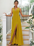 A-Line/Princess Chiffon Ruffles V-neck Sleeveless Floor-Length Bridesmaid Dresses TPP0004944