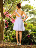 A-Line/Princess One-Shoulder Hand-Made Flower Sleeveless Short Chiffon Bridesmaid Dresses TPP0005319