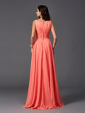 A-Line/Princess Scoop Ruffles Sleeveless Long Chiffon Bridesmaid Dresses TPP0005023