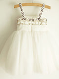 A-Line/Princess Tulle Beading Sleeveless Straps Knee-Length Flower Girl Dresses TPP0007916