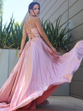 A-Line/Princess Silk like Satin Ruffles V-neck Sleeveless Sweep/Brush Train Dresses TPP0001612