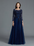 A-Line/Princess Long Sleeves Scoop Beading Floor-Length Tulle Mother of the Bride Dresses TPP0007069