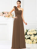 A-Line/Princess One-Shoulder Hand-Made Flower Sleeveless Long Chiffon Bridesmaid Dresses TPP0005311