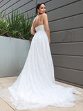 A-Line/Princess Lace Ruched V-neck Sleeveless Sweep/Brush Train Wedding Dresses TPP0006312