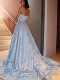 A-Line/Princess Satin Hand-Made Flower Strapless Sleeveless Sweep/Brush Train Dresses TPP0001585