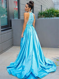 A-Line/Princess Satin Halter Sleeveless Applique Sweep/Brush Train Dresses TPP0004607