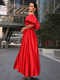 A-Line/Princess Satin Ruffles Off-the-Shoulder 1/2 Sleeves Ankle-Length Dresses TPP0004822