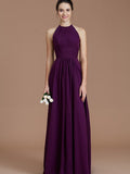 A-Line/Princess Halter Sleeveless Ruched Floor-Length Chiffon Bridesmaid Dresses TPP0005263