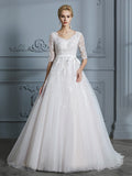 Ball Gown V-neck Court Train 1/2 Sleeves Lace Tulle Wedding Dresses TPP0006340