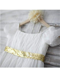 A-line/Princess Bateau Short Sleeves Beading Tea-Length Chiffon Flower Girl Dresses TPP0007832