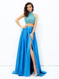 A-line/Princess High Neck Beading Sleeveless Long Satin Two Piece Dresses TPP0002851