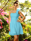 A-Line/Princess One-Shoulder Hand-Made Flower Sleeveless Short Chiffon Bridesmaid Dresses TPP0005319