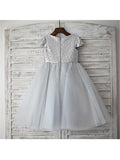 A-line/Princess Scoop Short Sleeves Sequin Tea-Length Tulle Flower Girl Dresses TPP0007765