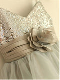 A-line/Princess Spaghetti Straps Sleeveless Sequin Tea-Length Tulle Flower Girl Dresses TPP0007660