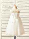 A-line/Princess Scoop Sleeveless Tea-Length Hand-made Flower Tulle Flower Girl Dresses TPP0007745