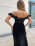 A-Line/Princess Off-the-Shoulder Velvet Hand-Made Flower Sleeveless Floor-Length Dresses TPP0004717