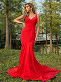 Sheath/Column Stretch Crepe Ruffles V-neck Sleeveless Sweep/Brush Train Bridesmaid Dresses TPP0004953