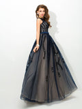 A-Line/Princess Sheer Neck Applique Sleeveless Long Tulle Dresses TPP0002434