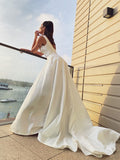 A-Line/Princess Satin Ruffles Scoop Sleeveless Sweep/Brush Train Wedding Dresses TPP0006204