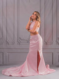 A-Line/Princess Satin Ruffles Sleeveless Sweep/Brush Train Halter Two Piece Dresses TPP0004667