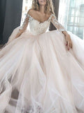 A-Line/Princess Off-the-Shoulder Long Sleeves Court Train Applique Tulle Wedding Dresses TPP0005949