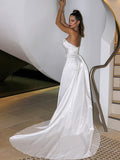 A-Line/Princess Satin Ruched Strapless Sleeveless Court Train Wedding Dresses TPP0006532