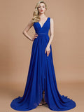 A-Line/Princess Sleeveless V-neck Chiffon Sweep/Brush Train Bridesmaid Dresses TPP0005308