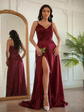 A-Line/Princess Silk like Satin Ruched V-neck Sleeveless Sweep/Brush Train Dresses TPP0001545