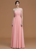 A-Line/Princess One-Shoulder Sleeveless Floor-Length Ruched Chiffon Bridesmaid Dresses TPP0005701