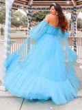 A-Line/Princess Off-the-Shoulder Tulle Applique Long Sleeves Floor-Length Dresses TPP0001492