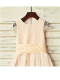 A-line/Princess Scoop Short Sleeves Sash/Ribbon/Belt Tea-Length Lace Flower Girl Dresses TPP0007879