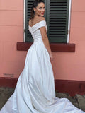 A-Line/Princess Satin Ruched Off-the-Shoulder Sleeveless Court Train Wedding Dresses TPP0006147