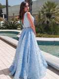 A-Line/Princess Lace Applique V-neck Sleeveless Floor-Length Dresses TPP0004761