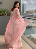 A-Line/Princess 3D Chiffon Ruffles V-neck Long Sleeves Sweep/Brush Train Dresses TPP0004661