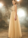 A-Line/Princess Scoop Beading Sleeveless Floor-Length Tulle Dresses TPP0003808