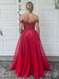 A-Line/Princess Off-the-Shoulder Tulle Applique Sleeveless Floor-Length Dresses TPP0001493