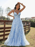 A-Line/Princess Lace Ruffles V-neck Sleeveless Sweep/Brush Train Dresses TPP0001390