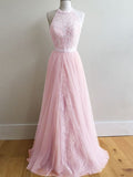 A-Line/Princess Sleeveless Halter Tulle Lace Sweep/Brush Train Dresses TPP0002260