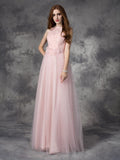 A-line/Princess Bateau Hand-Made Flower Sleeveless Long Net Dresses TPP0009231