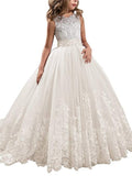 Ball Gown Jewel Sleeveless Lace Sweep/Brush Train Tulle Flower Girl Dresses TPP0007567