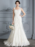 Trumpet/Mermaid Sweetheart Sleeveless Lace Court Train Wedding Dresses TPP0006495