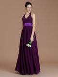 A-Line/Princess Halter Sleeveless Sash/Ribbon/Belt Floor-Length Chiffon Bridesmaid Dresses TPP0005410