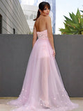 A-Line/Princess Hand-Made Flower Tulle Sleeveless Sweetheart Sweep/Brush Train Dresses TPP0001777