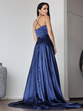 A-Line/Princess Satin Ruched V-neck Sleeveless Sweep/Brush Train Dresses