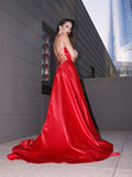 A-Line/Princess Satin Ruffles V-neck Sleeveless Sweep/Brush Train Dresses TPP0001686