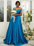 A-Line/Princess Silk like Satin Ruffles Off-the-Shoulder Sleeveless Sweep/Brush Train Bridesmaid Dresses TPP0004978