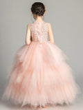 A-Line/Princess Tulle Applique Scoop Sleeveless Floor-Length Flower Girl Dresses TPP0007507