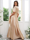 A-Line/Princess Silk like Satin Sash/Ribbon/Belt V-neck Short Sleeves Floor-Length Bridesmaid Dresses TPP0004897