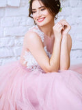 A-Line/Princess Applique Bateau Sleeveless Tulle Sweep/Brush Train Dresses TPP0003841