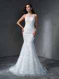 Trumpet/Mermaid Scoop Applique Sleeveless Long Lace Wedding Dresses TPP0006136